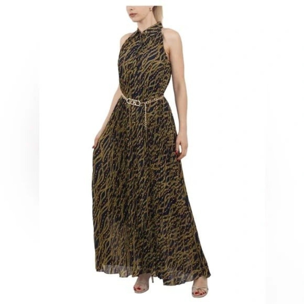 Luxury Michael Kors Chained Navy Blue Sleeveless Button Up Pleated Maxi Dress